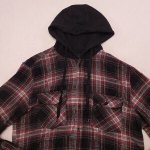 ReVess Casual Long Sleeve Button Up Hoodie Mens Size M Black Red Plaid